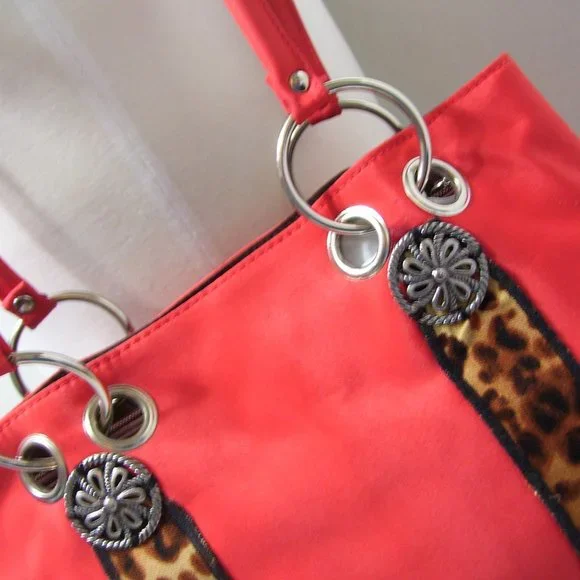 Fashion Handbag Vegan Mirco Orange Fabric Leopard Trim NWOT - Picture 2 of 3